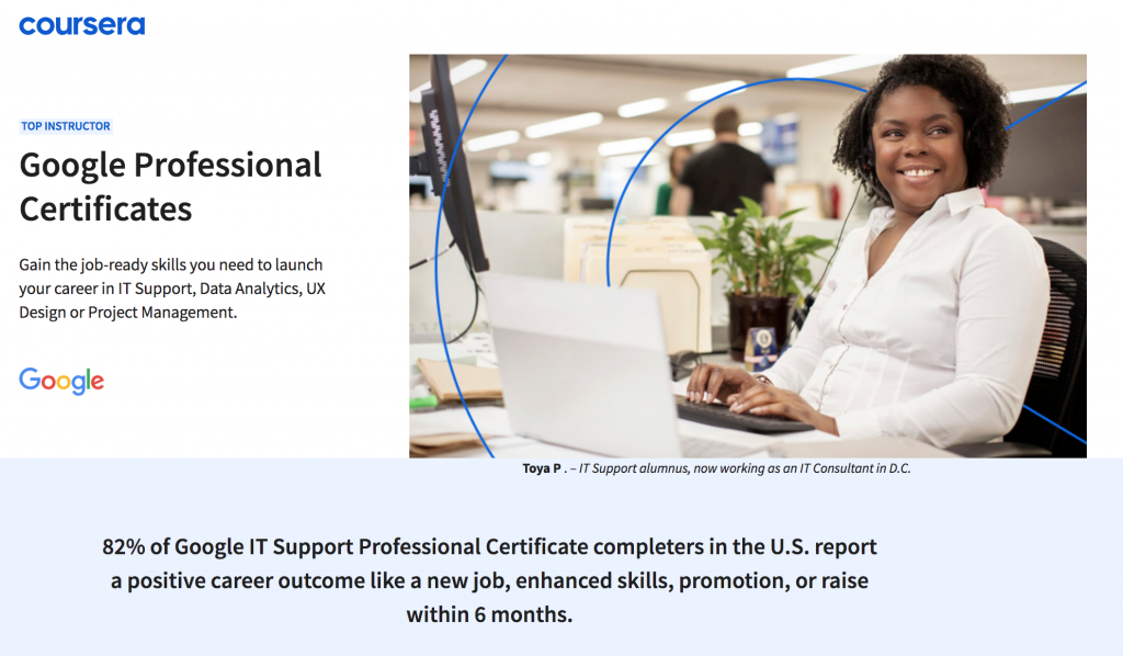 Portada de certificaciones profesionales y cursos de Google en Coursera